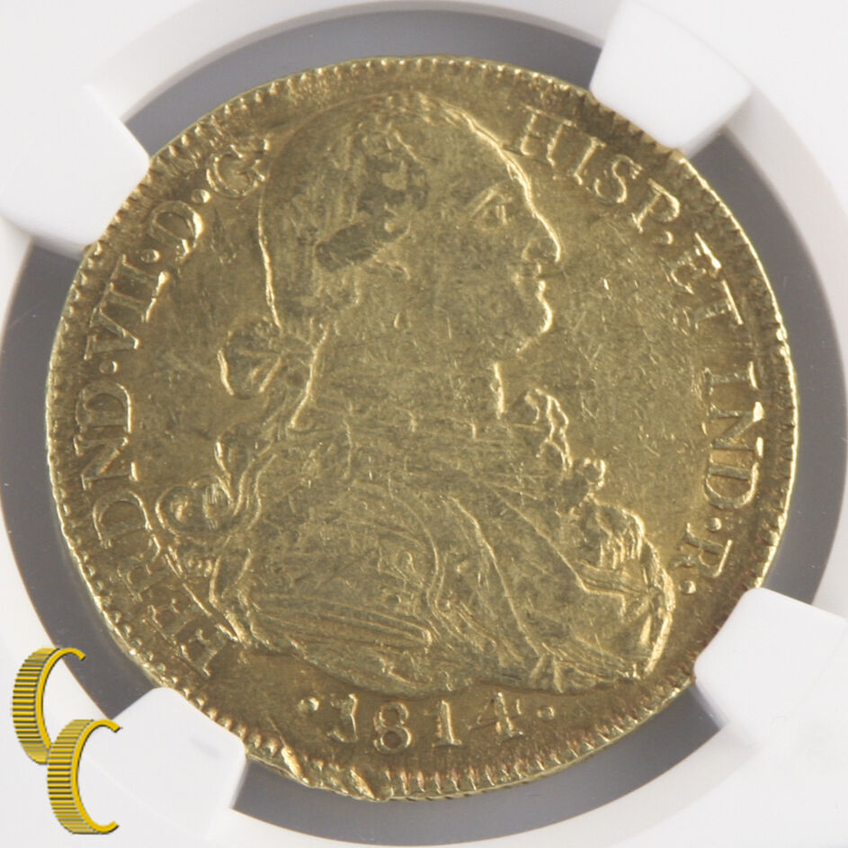 1814NR JF Colombia 8 Escudos Gold Coin Graded NGC AU50 KM# 66.1