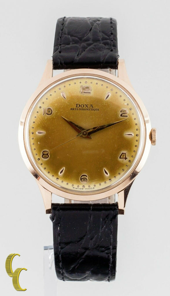 14k Rose Gold Doxa Hand-Winding Watch w/ Unique Patina Dial Black Leather Band