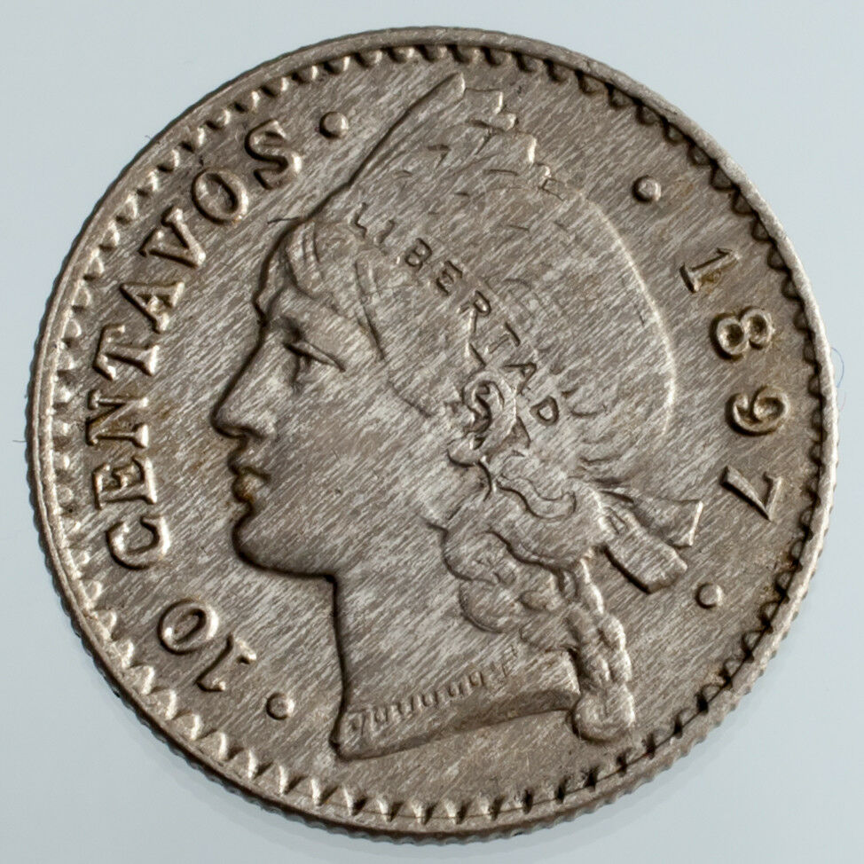 1897-P Dominican Republic 10 Centavos Silver Coin in AU Condition KM #13