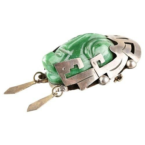Sterling Silver & Green Calcite Mexican Taxco Aztec Mask Figure Brooch