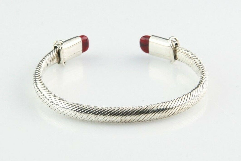 Sterling Silver Cable Cuff Bracelet Bloodstone Accents 7" Long 6 mm Wide 28.8 g