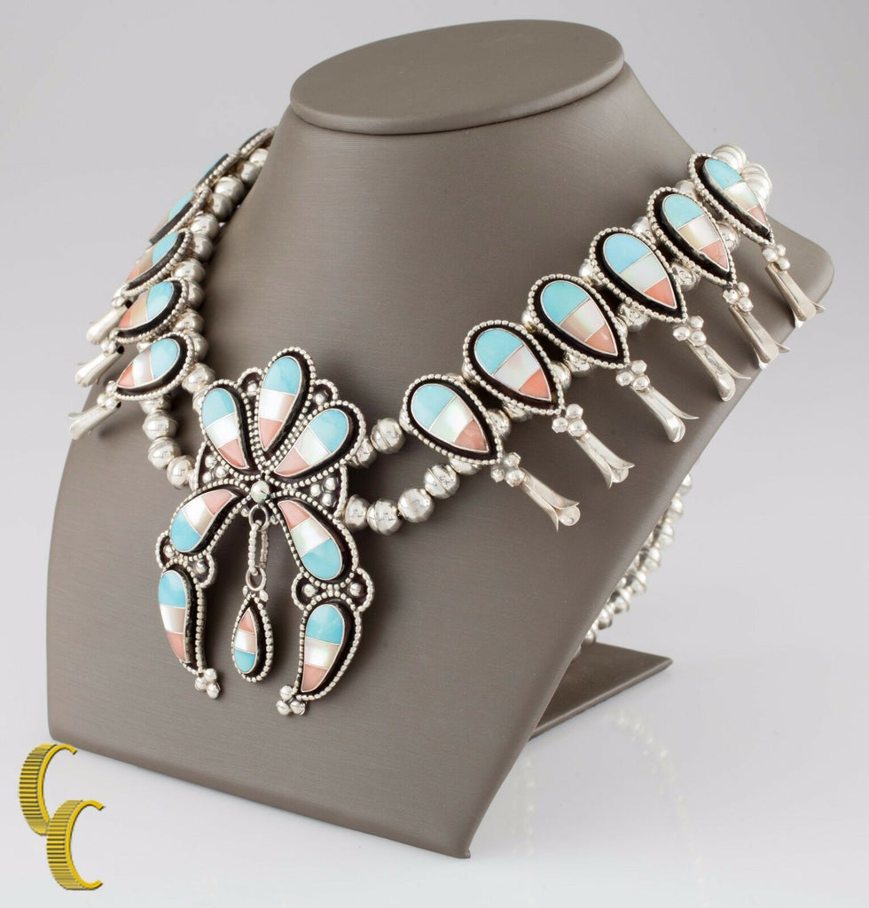 Sterling Silver Squash Blossom Necklace & Earring Set Turquoise, Coral, MOP