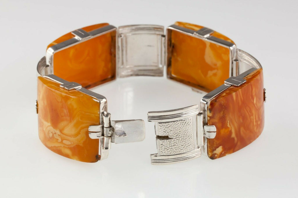 Wide Four Stone Baltic Amber Sterling Silver Bracelet! 7.50"
