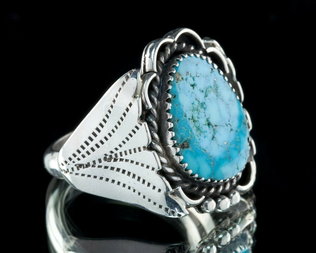 Joe Tso Hand Cut Blue Turquoise Ring Set In Sterling Silver Size 11.50