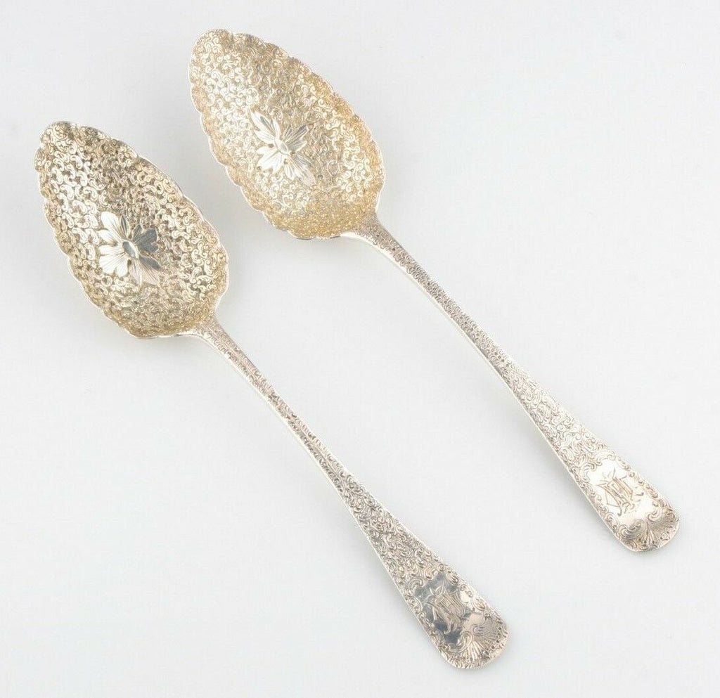 Vintage Gold/Silversmiths Intricate Sterling Silver Serving Spoons w/ Case 1948