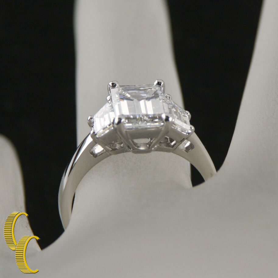2.10 carat Emerald Cut Diamond 3-Stone Platinum Ring with GIA Cert Size 5.25