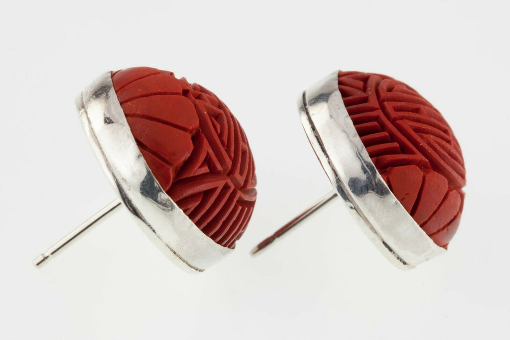 Carved Cinnabar Stud Earrings in Sterling Silver with 14k posts
