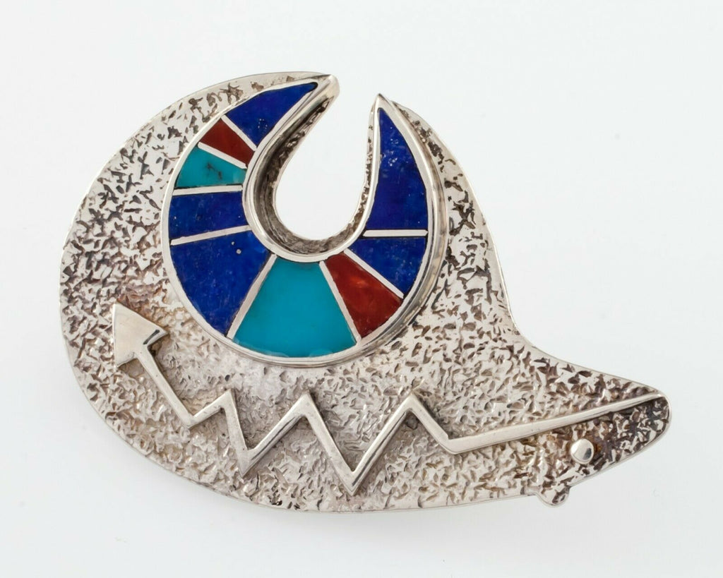 Vintage Navajo Spirit Bear Pin with Multi Color Inlaid Hand made Sterling Silver