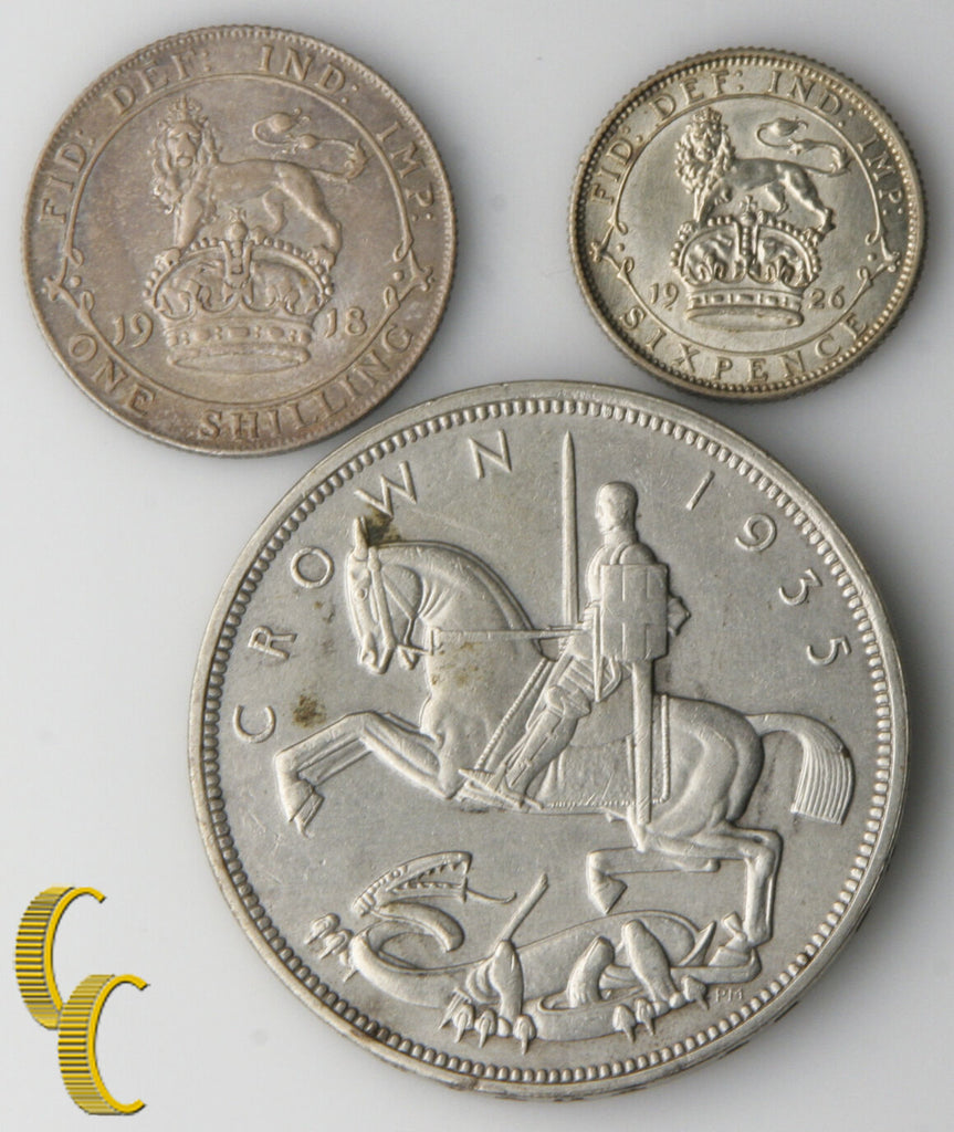 Great Britain George V Coins Lot (XF-AU) 1918 Shilling 1926 Sixpence 1935 Crown