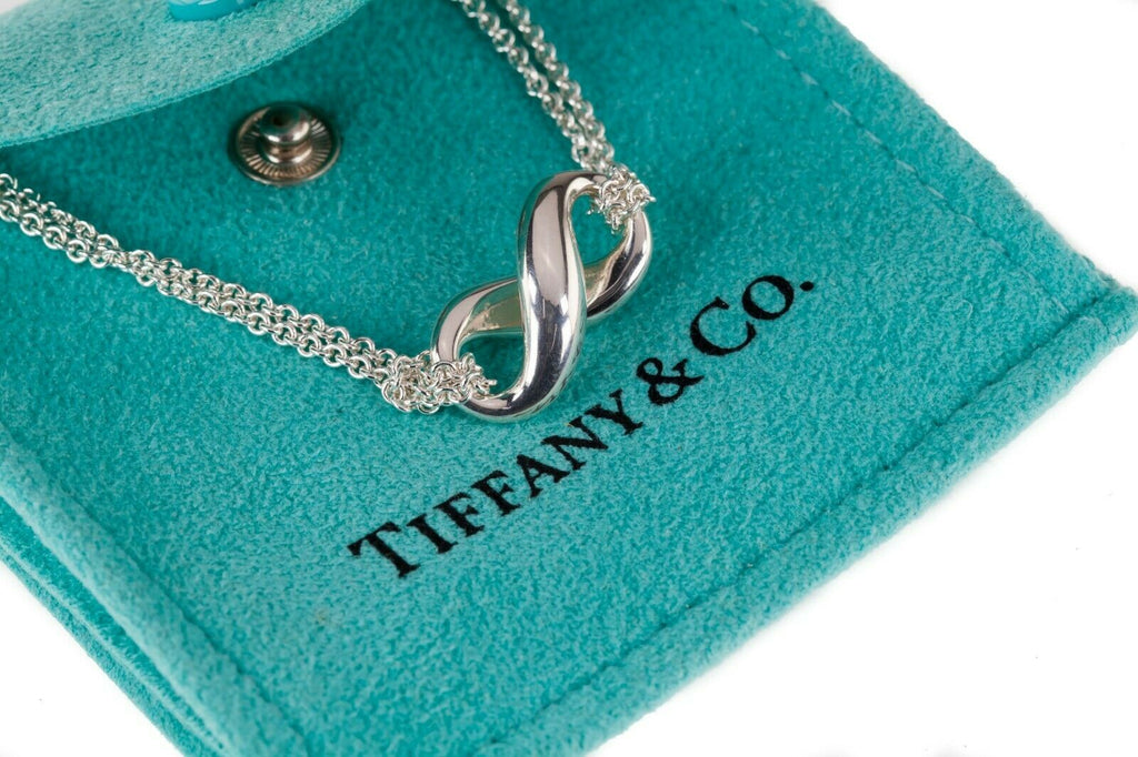Tiffany & Co. Sterling Silver Infinity Pendant w/ Double Chain Box + Pouch