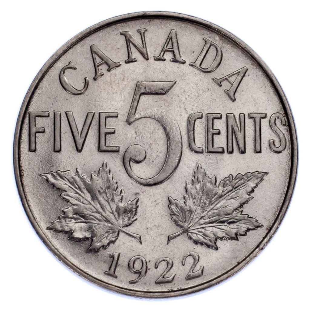1922 Variety Far Rim Canada Five Cents 5C (About Unc, AU Condition) KM# 29