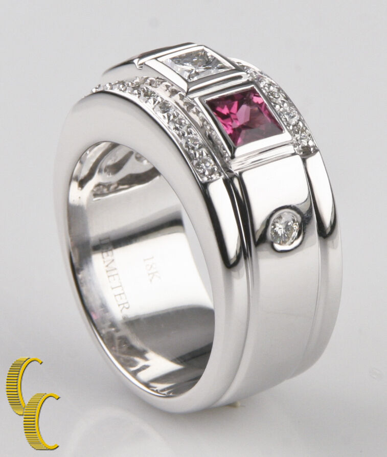 Pink Tourmaline and Diamond 18k White Gold Band Ring Size 6.75