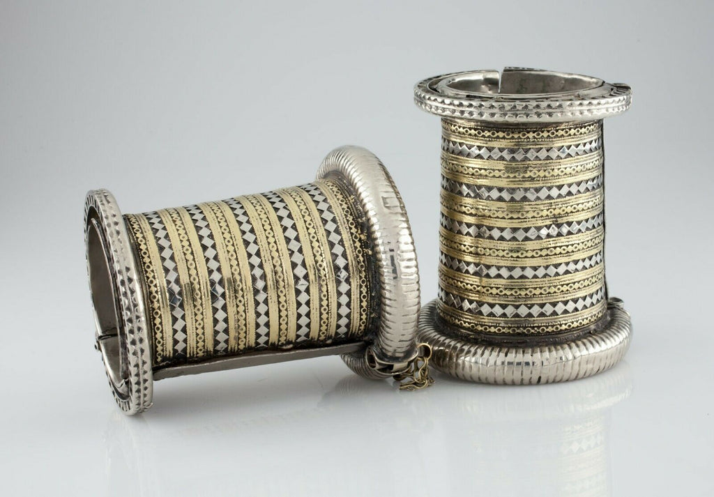 Pair of Large Silver and Brass Bangle Arm Cuffs Gorgeous Heavy!