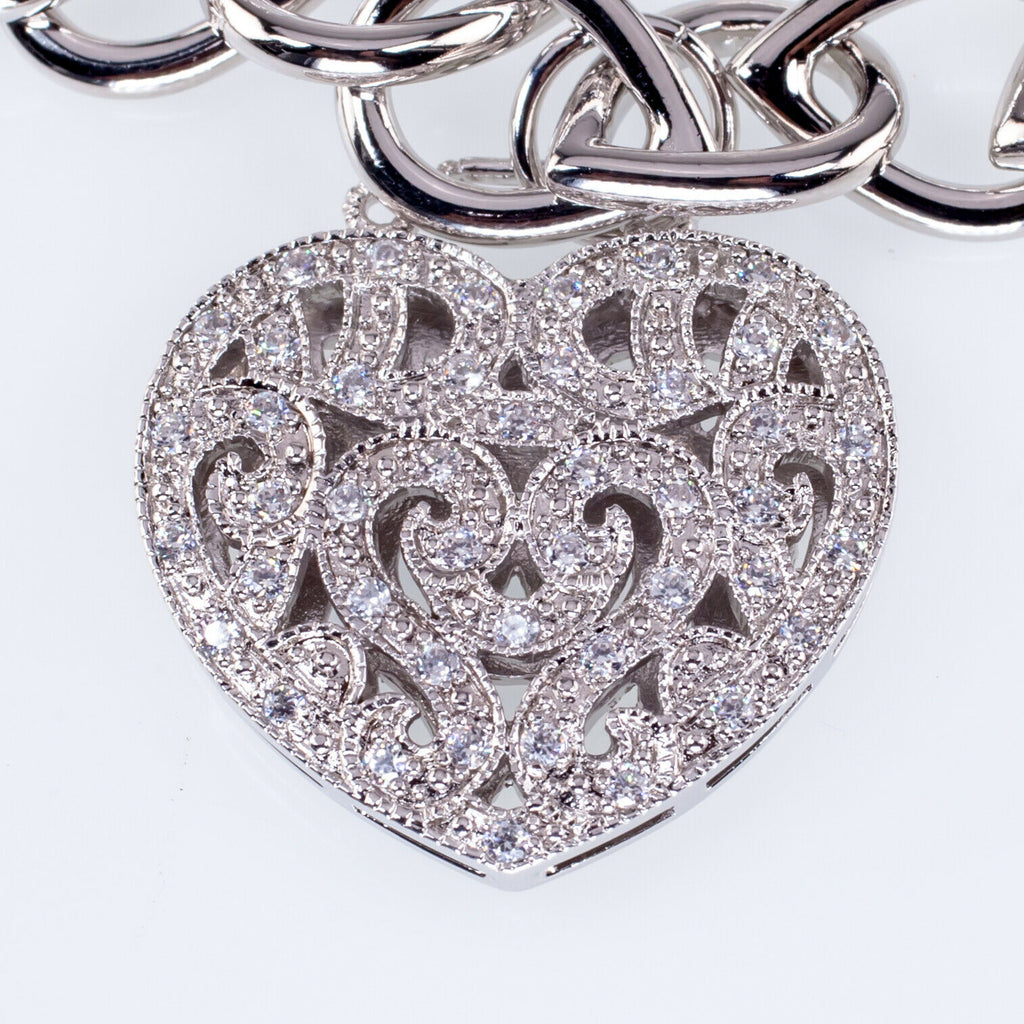 Sterling Silver Large CZ Heart Charm Toggle Bracelet 7"