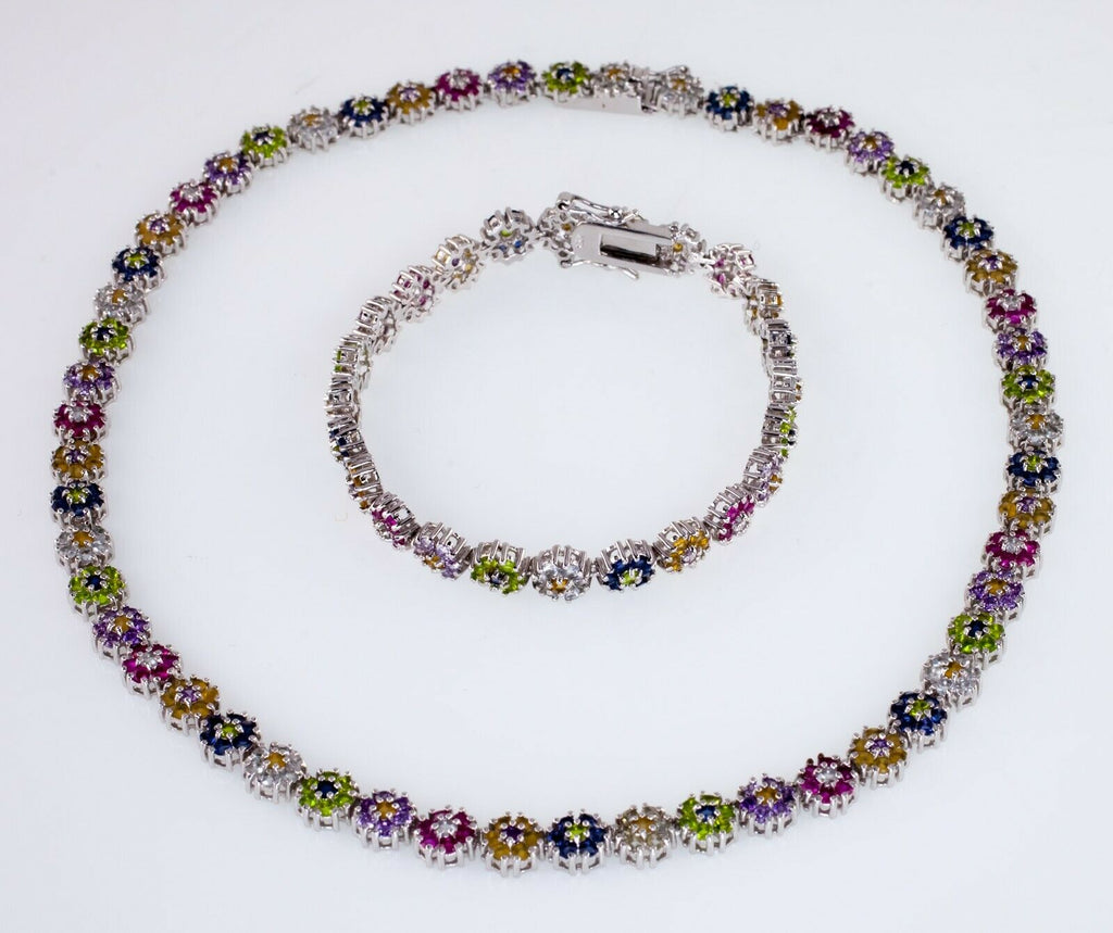 30.00ct t.w. Gorgeous Multi Colors CZ Necklace & Bracelet Set In Sterling