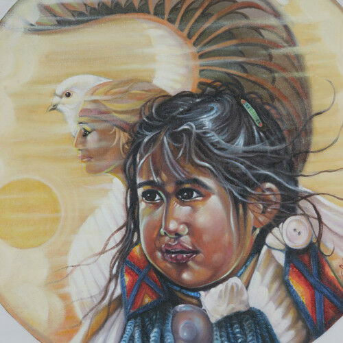Untitled (Native American Girl w/ Eagle) By Anthony Sidoni Signed Oil on Canvas