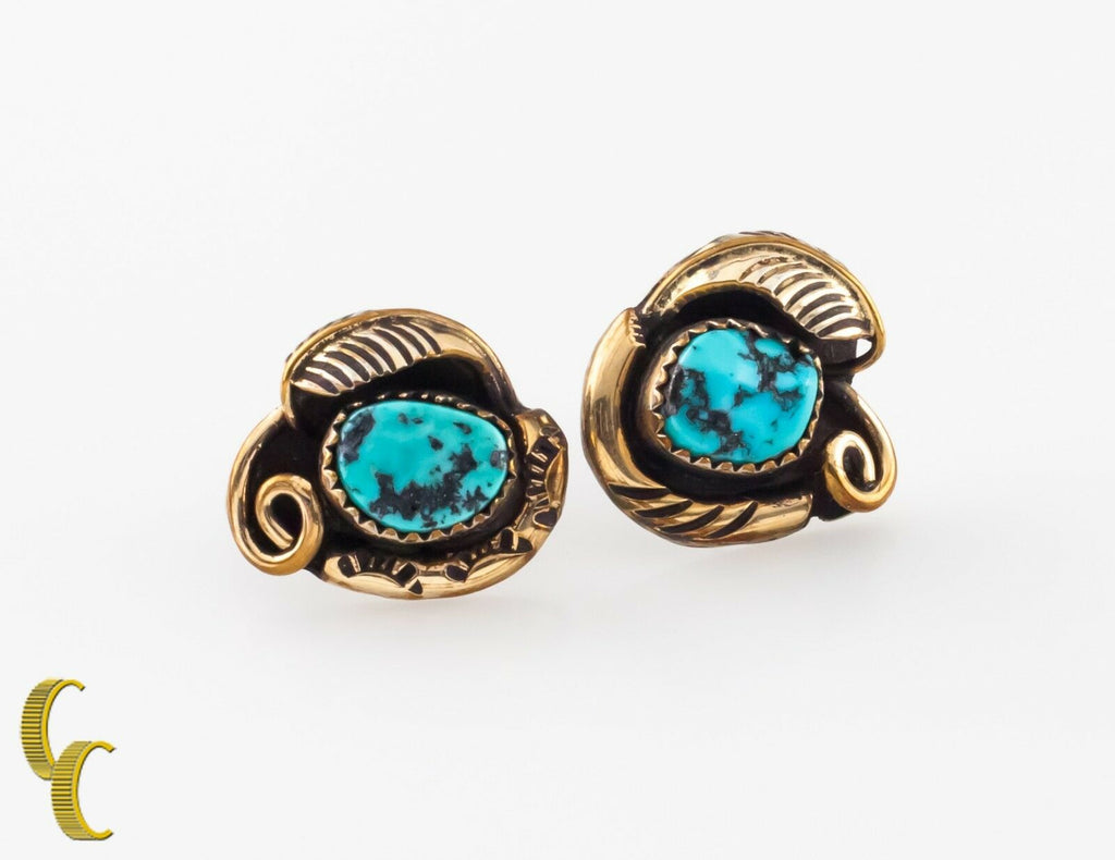 .925 Gold Tone sterling Silver Turquoise Leaf Shaped Earrings