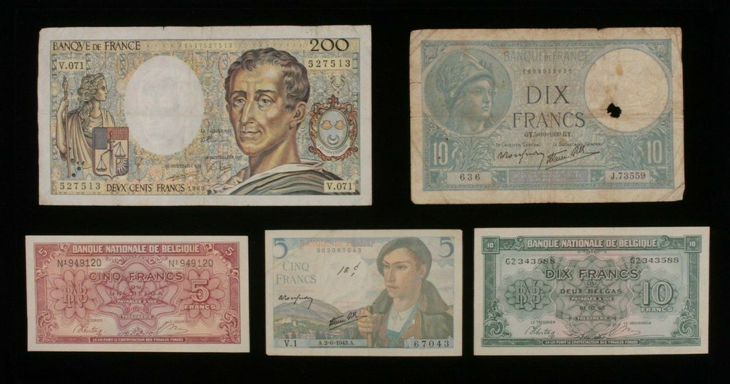 Belgium & France 5-Notes Currency Lot // Belgian & French Francs