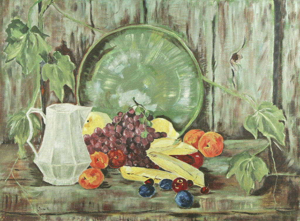 Untitled (Pitcher and Fruit) Still Life By Ira K. Signed Oil on Canvas 18"x24"