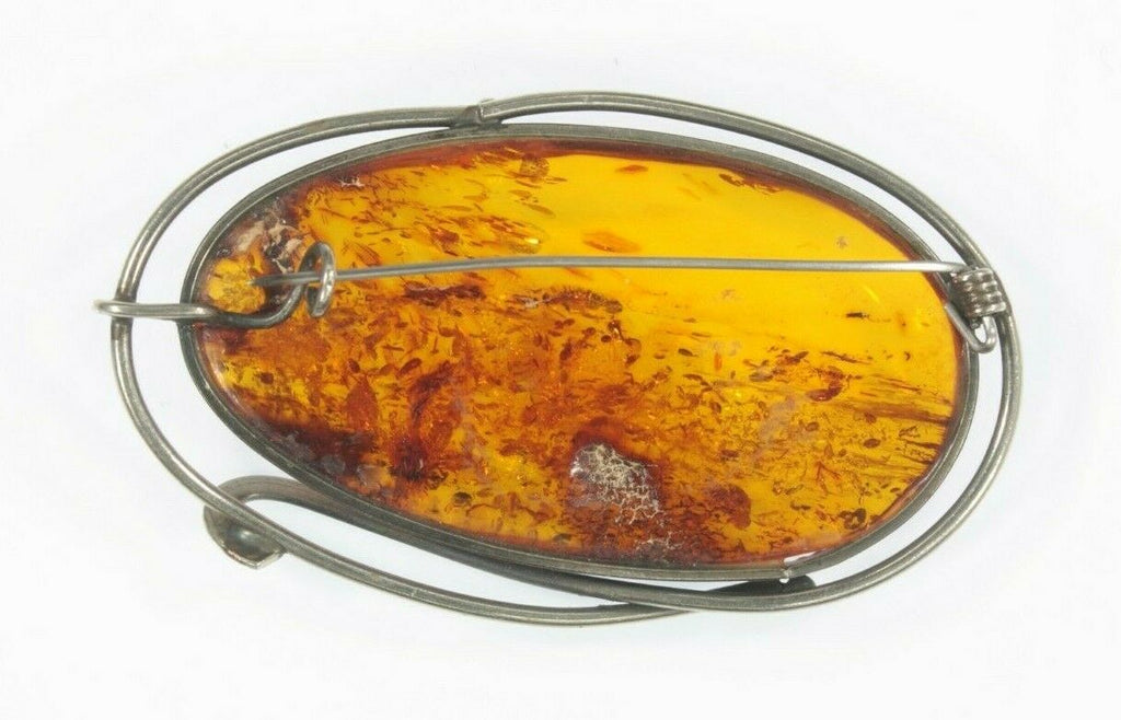 Vintage Sterling Silver Amber Brooch Pin 14.2g