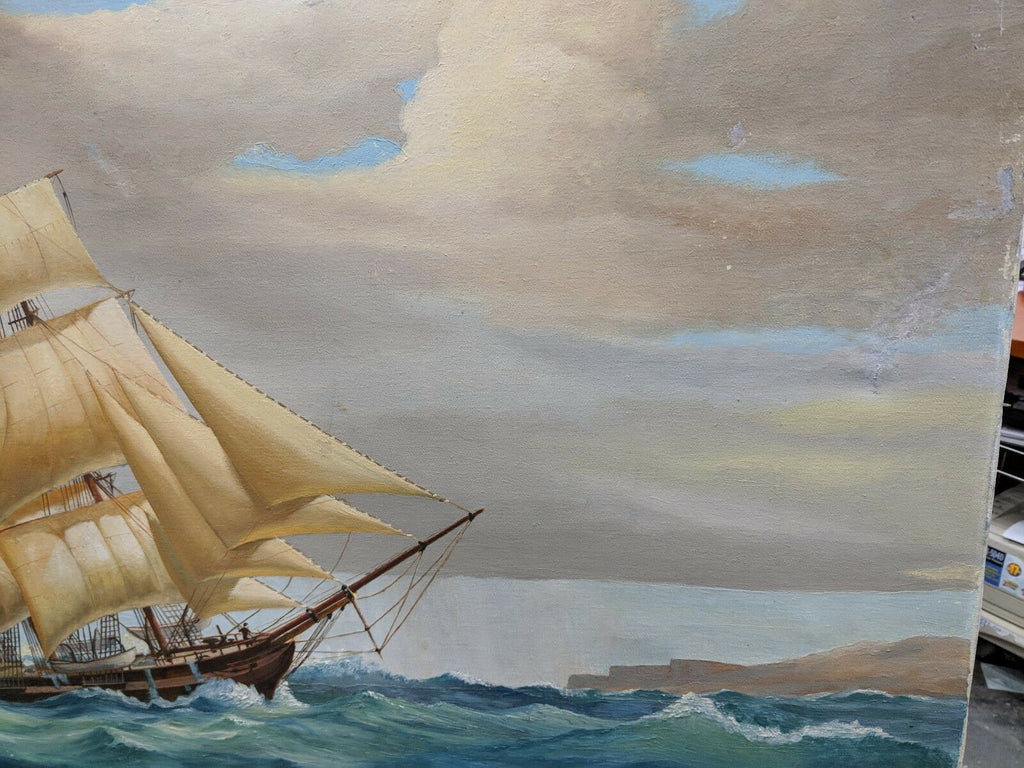 Untitled (Ship on Water) By Frederick Fields Signed Oil Painting on Canvas 24x36