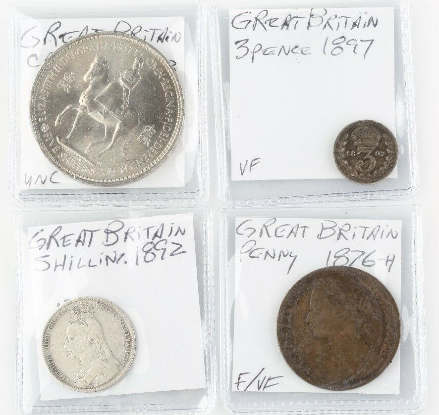 Great Britain Coin Lot 1876 Penny 1892 Shilling 1897 3 Pence 1953 Crown VF-UNC