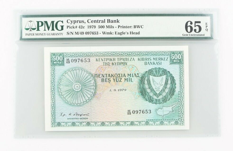 1979 Cyprus 500 Mil Graded GU-65 EPQ PMG Central Bank Gem Uncirculated P#42c