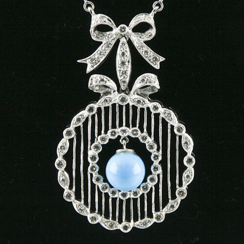 Turquoise & Diamond 18k White Gold Necklace w/Ribbon Bow Design & Bar Chain