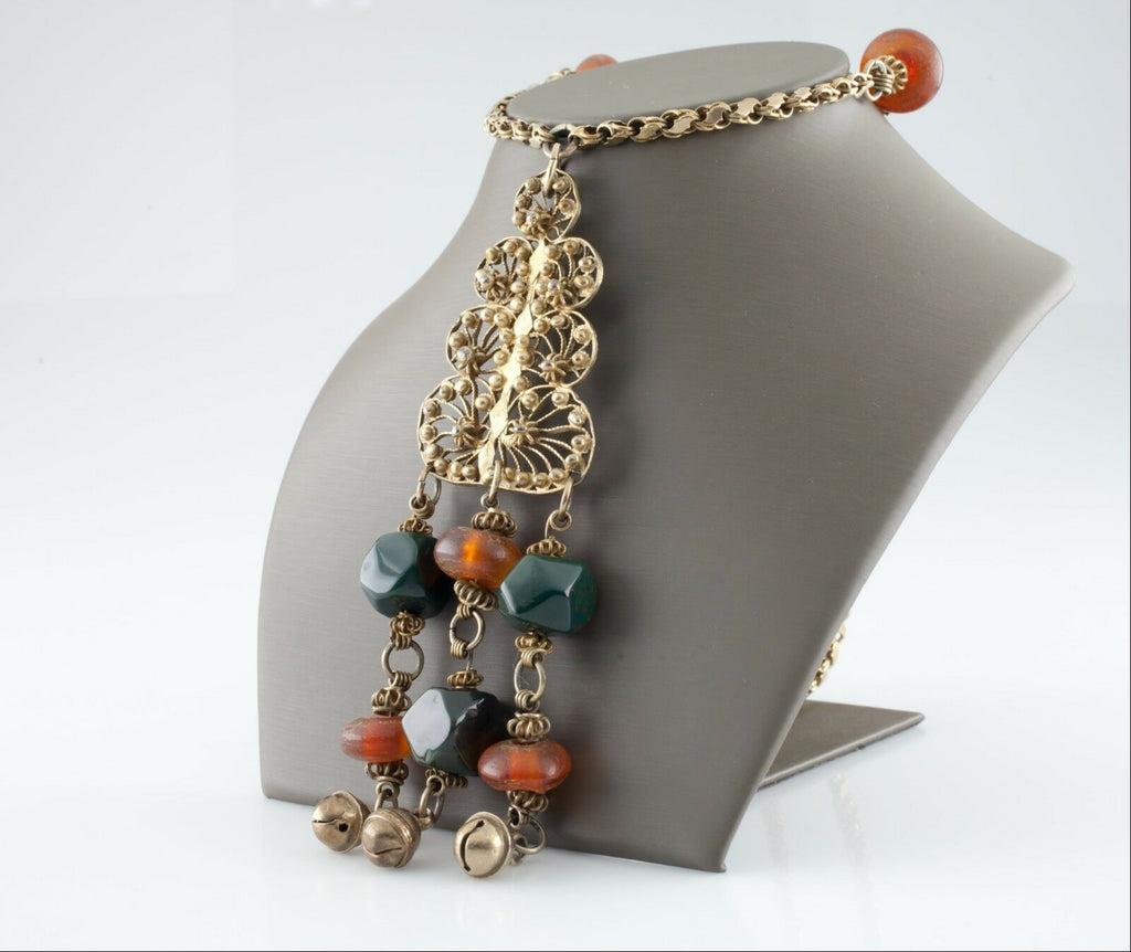 Gold-Plated Bedouin Filigree Necklace Amber and Bloodstone Gorgeous!