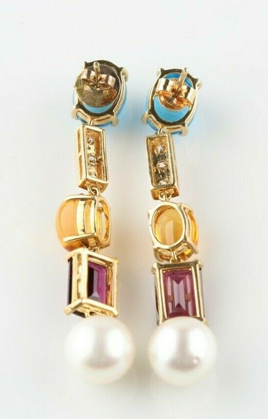 Unique 14k Yellow Gold Gemstone, Diamond, and Pearl Stud Drop Earrings