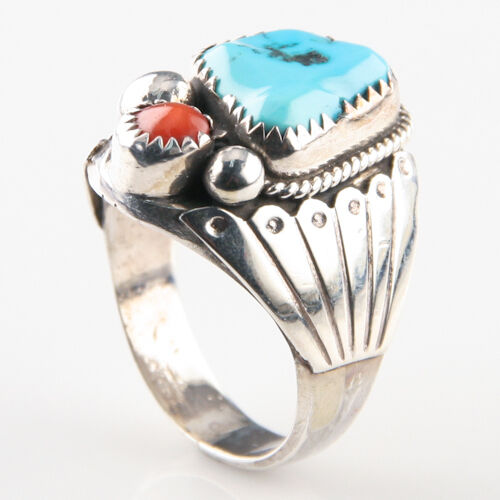 Herbert Joe Navajo Turquoise and Coral Ring