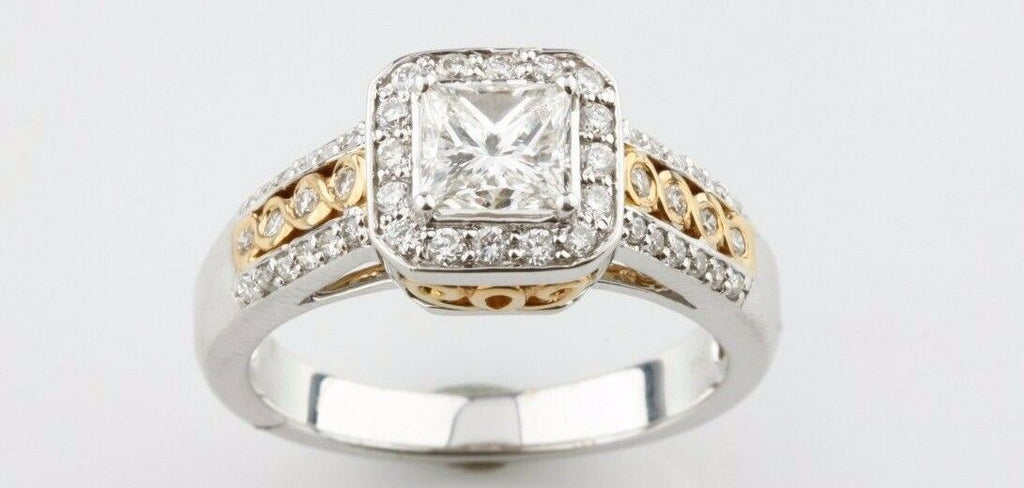 1.21 Carat Princess Cut Diamond Halo Set 14k White & Yellow Gold Engagement Ring