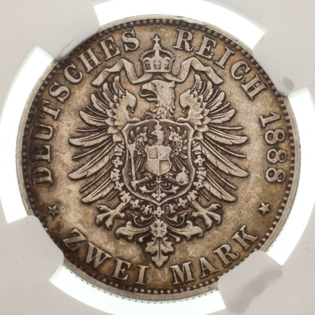 1888-A Germany Hesse-Darmstadt 2 Mark Silver Coin Graded by NGC as XF40