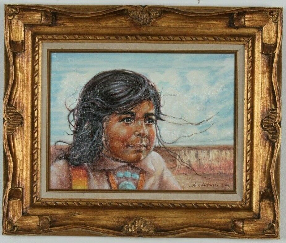 Untitled (Native American Child) By Anthony Sidoni Signed Oil on Canvas 12"x16"