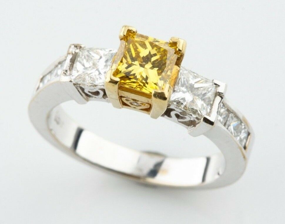 Fancy Yellow 1.30 carat Princess Cut Diamond 3 Stone 18k Gold Engagement Ring