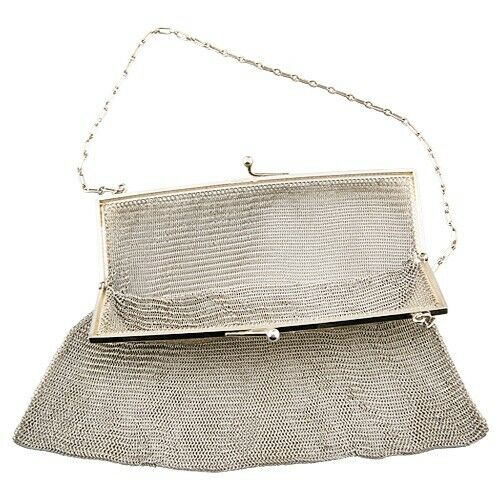 Vintage German Silver Mesh Chain Mail Engraved Clutch / Purse Flapper Era Gatsby