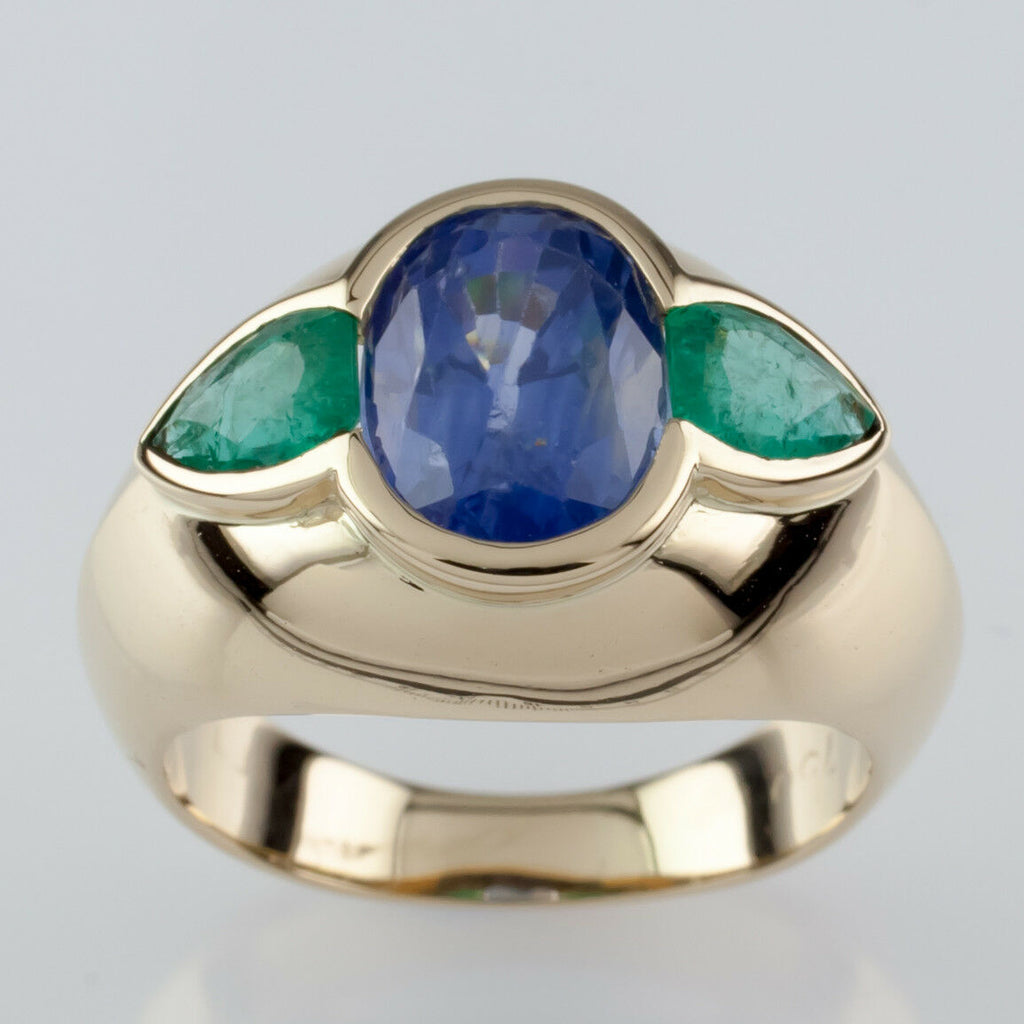 Natural Sapphire and Emerald 18k Yellow Gold Ring w/ GIA Cert Size 5