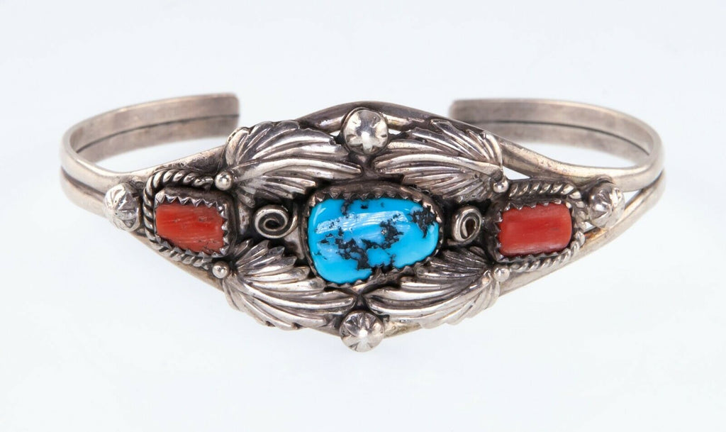 M. Begay Sterling Silver Cuff Bracelet w/ Turquoise, Coral Stones & Leaf Pattern