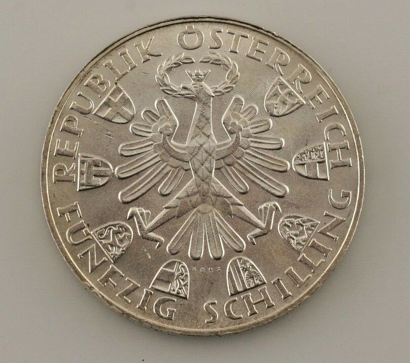 1959 Austria 50 Shilling Silver Coin in BU Condition KM #2888