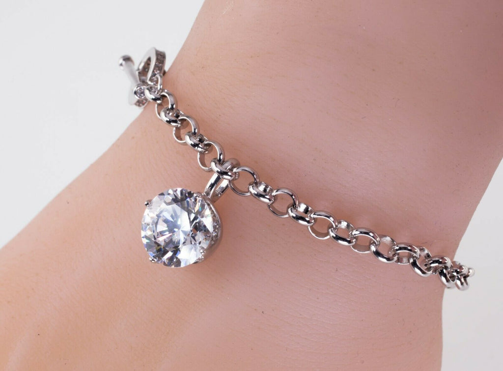 Sterling Silver Large CZ Charm Bracelet w/ Toggle Clasp 7"