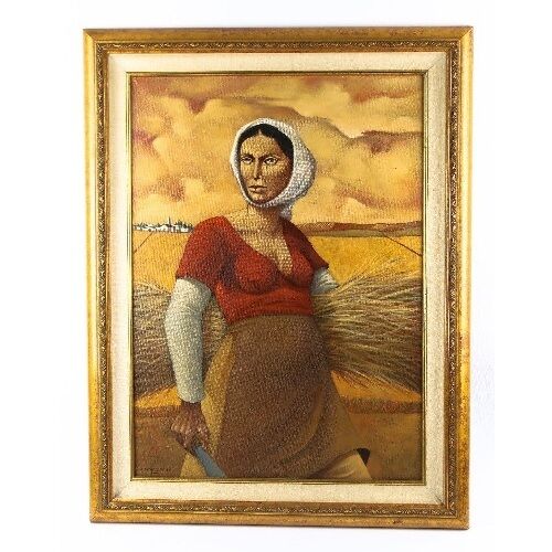 UNTITLED (PEASANT WOMAN GATHERING WHEAT) BY RODOLFO CAMPODONICO OIL ON CANVAS