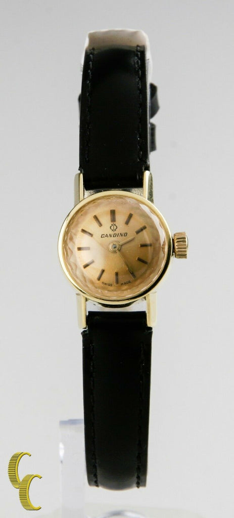 18k Yellow Gold Candino Women's Vintage Hand-Winding Watch w/ Black Leather Band