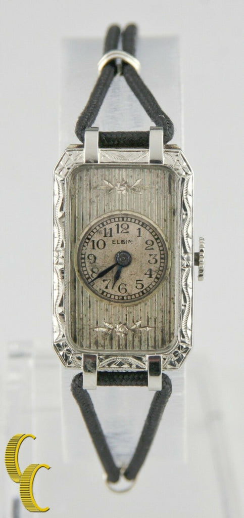 Elgin 14k White Gold Vintage Women's Hand-Winding Art Deco Watch w/ Silk Band