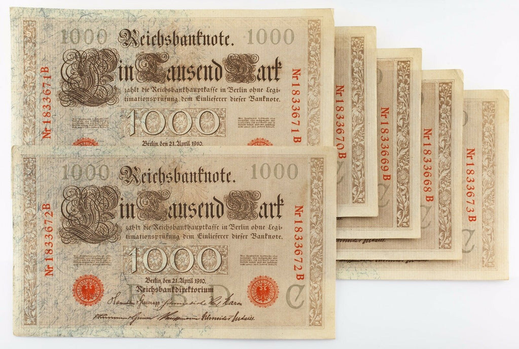 1910 (1918 - 1922) Reichsbanknote Lot of 6 Sequential 1000 Mark Banknotes XF-AU