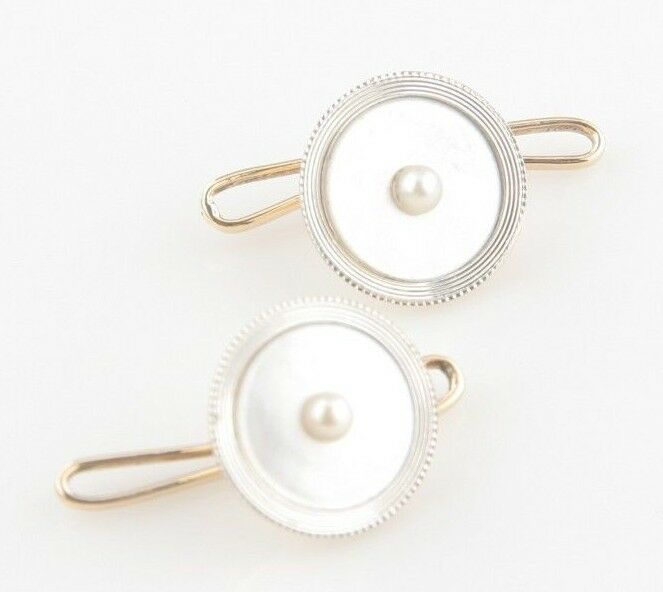 Gorgeous 14k Yellow Gold & Platinum Mother of Pearl Cufflinks w/ Pearl Center
