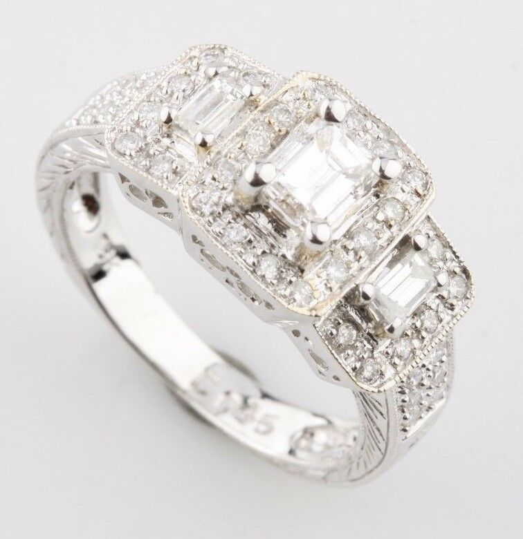 0.95 carat 3-Stone Emerald Cut Diamond 18k White Gold Engagement Ring 6.75