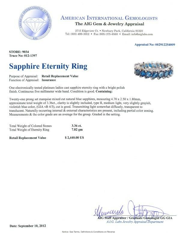 Blue Sapphire 3.36 carat Marquise Cut Platinum Eternity Band Size 6
