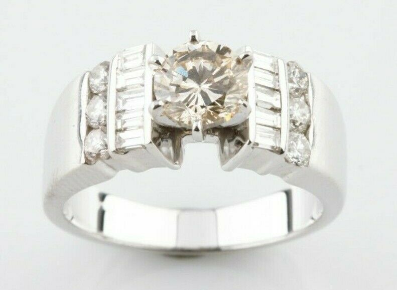 14k White Gold Round Diamond Solitaire Ring w/ Accents TCW = 1.42 ct. Size 5.75