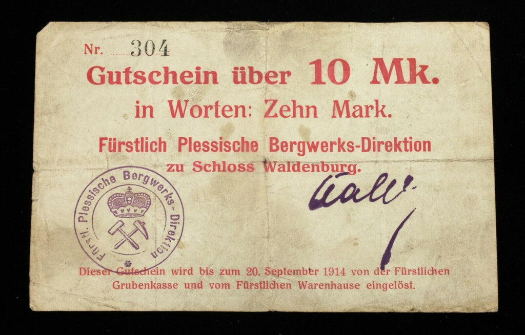 1914 Waldenburg 2pc Notgeld Set // World War I Germany 1 & 10 Mark