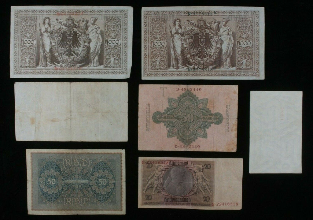 1910-1929 Germany 7-Notes Set // Empire 50-1000 Mark & Weimar 20-10000000 Mark